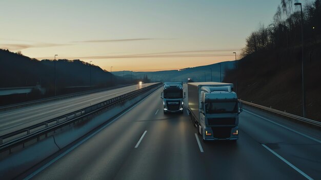 Photo deux semi-camions roulent sur l'autoroute au coucher du soleil le ciel est orange et le soleil se couche derrière eux