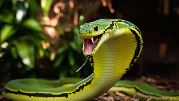 Photo deux serpents vipères verts en gros plan et un serpent albolaris vert en vue de l'avant