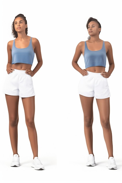 deux shorts féminins avec un haut bleu et des shorts blancs.