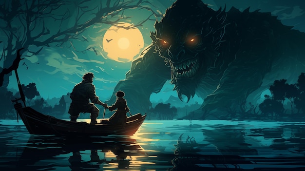 Deux silhouettes dans un bateau sur le lac à côté d'un grand monstre en arrière-plan