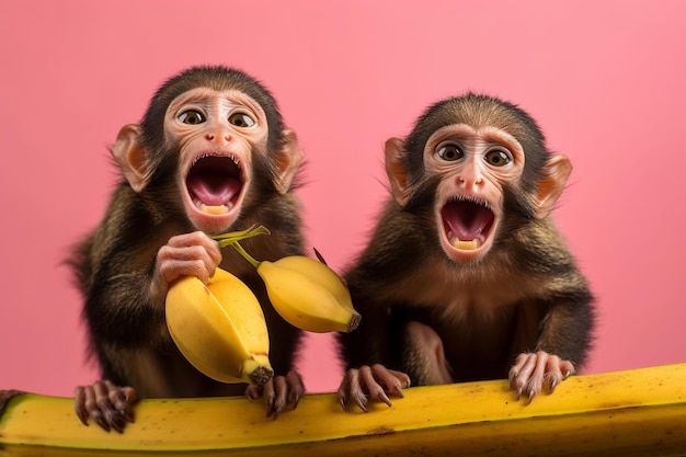 Photo deux singes avec des bananes sur fond rose