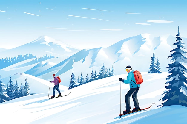 Deux skieurs descendent une pente enneigée Illustration horizontale Photo horizontale