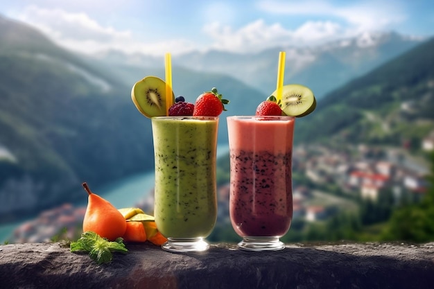 deux smoothies colorés placés sur une table sur une scène de montagne