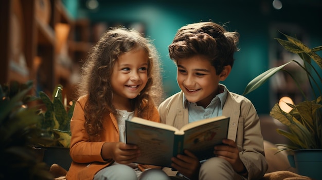 Deux sœurs jouant et lisant un livre à la maison lisant un livre et lisant un livre en souriant regardant la caméra famille heureuse automnegénérative ai