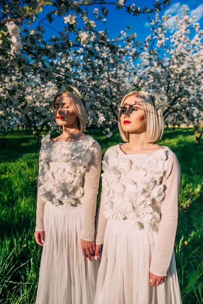 deux soeurs jumelles dans un verger de cerisiers