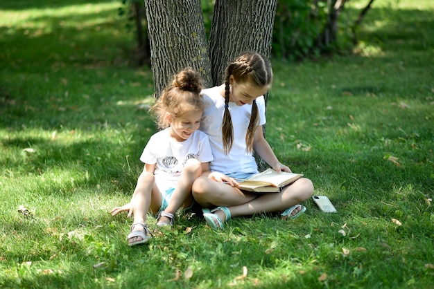 Deux soeurs s'assoient sur l'herbe verte et lisent un livre Education Enfance