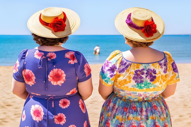 Deux sœurs en surpoids de taille plus jumelles femmes heureuses et fières de leur corps marchant à la plage pendant les vacances d'été Réseau de neurones généré par l'IA