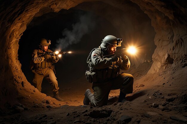 Photo deux soldats avec des armes dans une grotte avec une bombe au milieu