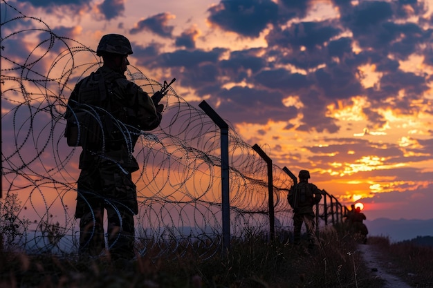 Deux soldats font la garde à une clôture de fil de fer barbelé