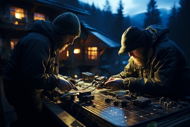 Deux soldats jouent à un jeu de société dans les montagnes la nuit.