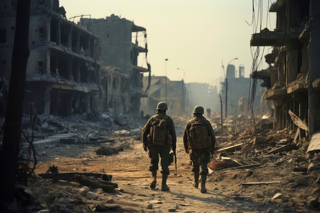 Deux soldats marchent sur le champ de bataille.