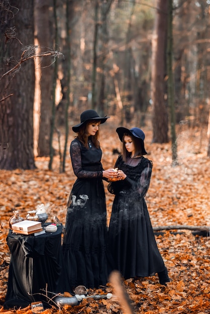 Deux sorcières dans la forêt d'automne. Mère et fille préparent une potion.