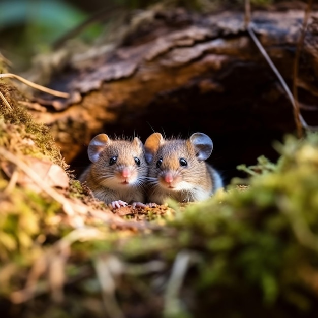 Deux souris dans un creux avec de la mousse au sol.