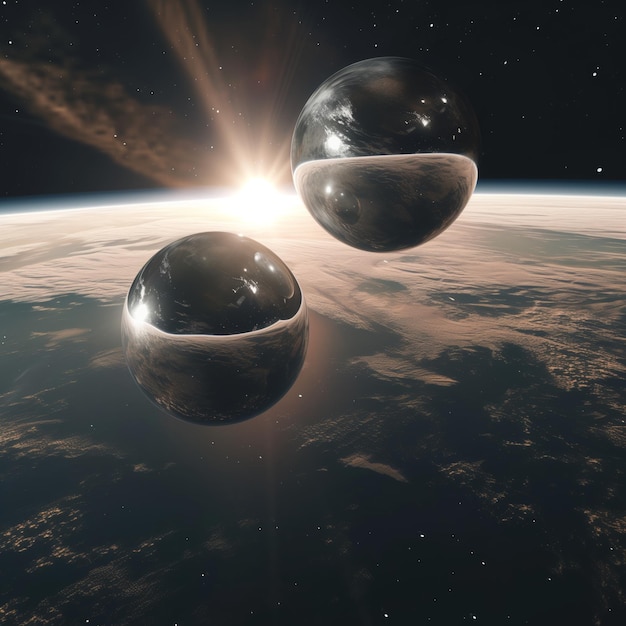 Deux sphères en titane Terre soleil levant soleil nature technologie vision futuriste