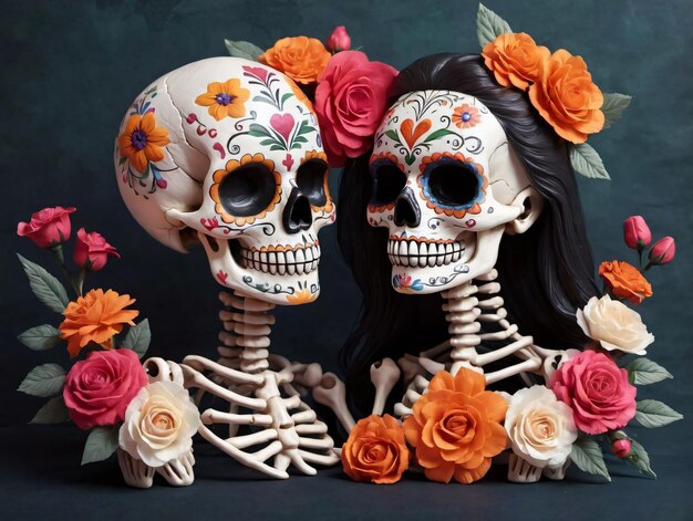 Deux squelettes avec des fleurs et des roses