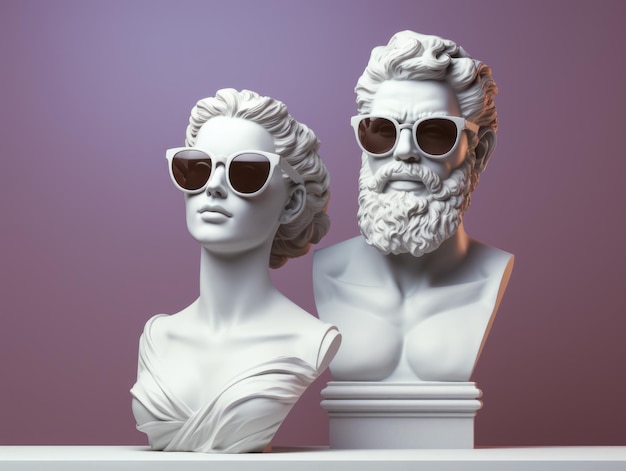 Deux statues antiques de Geek d'un homme et d'une femme portant des lunettes de soleil