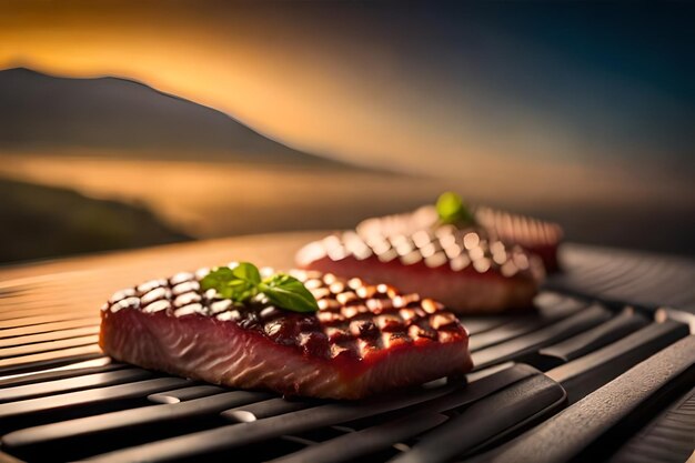 Photo deux steaks sur un gril avec un coucher de soleil en arrière-plan.