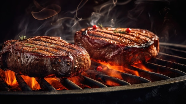 Photo deux steaks grillés sur une flamme ouverte.