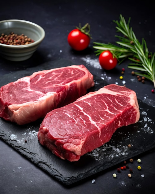 Deux steaks de viande crue sur un fond noir générés par l'IA