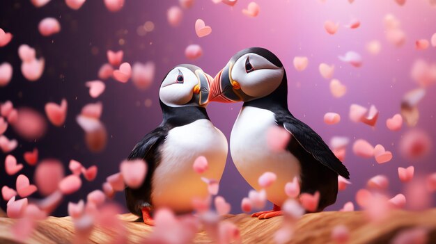 Photo deux super mignons puffins couple d'oiseaux amoureux bonne carte de voeux pour la saint-valentin image générée par l'ia