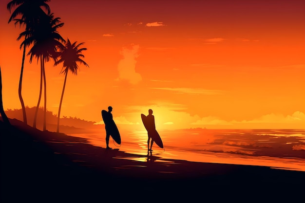 Deux surfeurs marchant sur la plage avec des palmiers en arrière-plan.