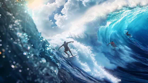 Photo deux surfeurs montent une grande vague l'eau est cristalline et bleue le ciel est nuageux et le soleil brille les surfeurs s'amusent beaucoup