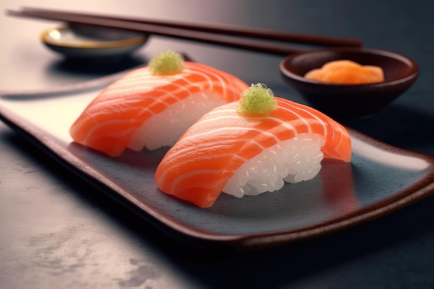 Deux sushis sur une assiette dont un avec un œuf vert dessus.