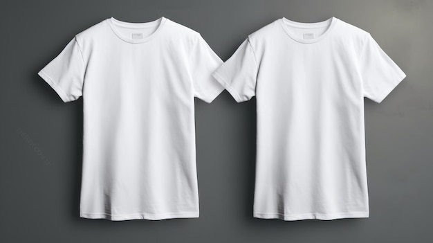 Deux t-shirts blancs avec le mot t-shirts sur fond gris.