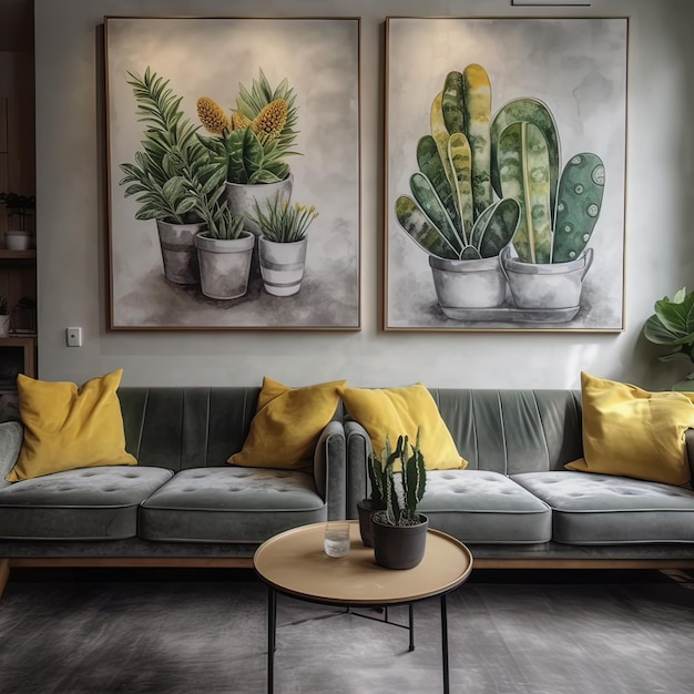 Deux tableaux de cactus sur un mur dont l'un montre une plante.