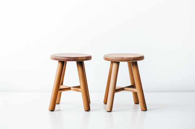 Photo deux tabourets en bois assis sur un sol blanc