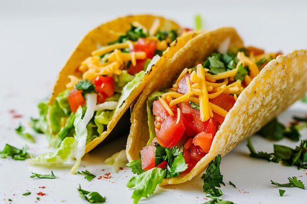 Photo deux tacos avec de la laitue et de la tomate sur un fond blanc