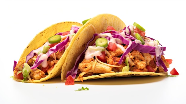 Deux tacos de poulet croustillants remplis de légumes vifs et arrosés de sauce crémeuse sur un fond blanc