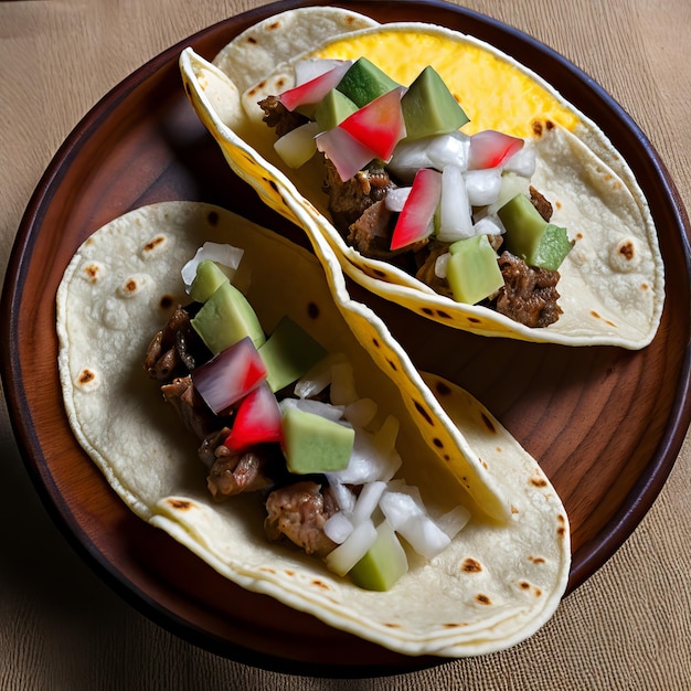 Deux tacos avec de la viande et des légumes sont sur une assiette