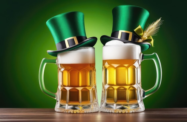 deux tasses de bière mousseuses avec des chapeaux cylindriques sur fond vert carte de vœux du jour de Saint-Patrick