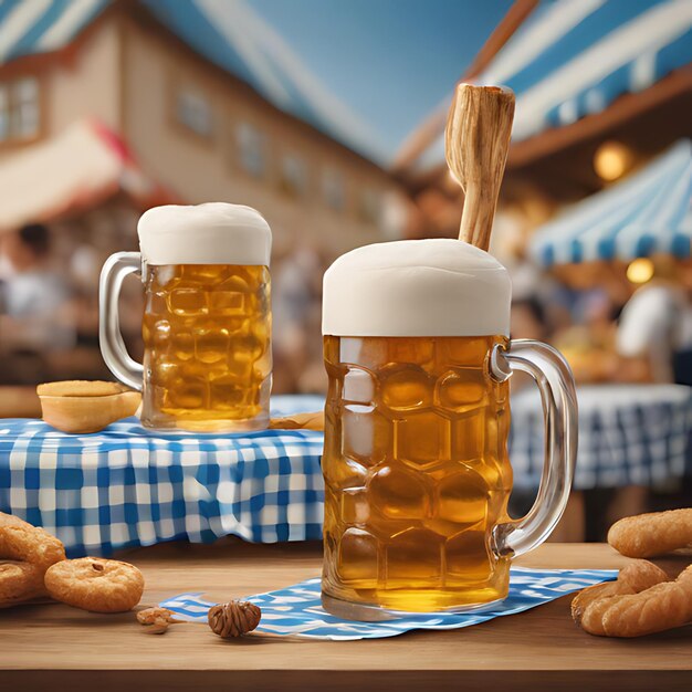 deux tasses de bière et une table avec un drap de table à carreaux bleu et blanc