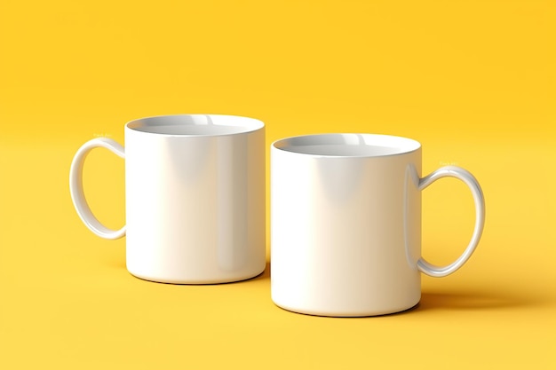 deux tasses blanches sur la maquette de fond jaune