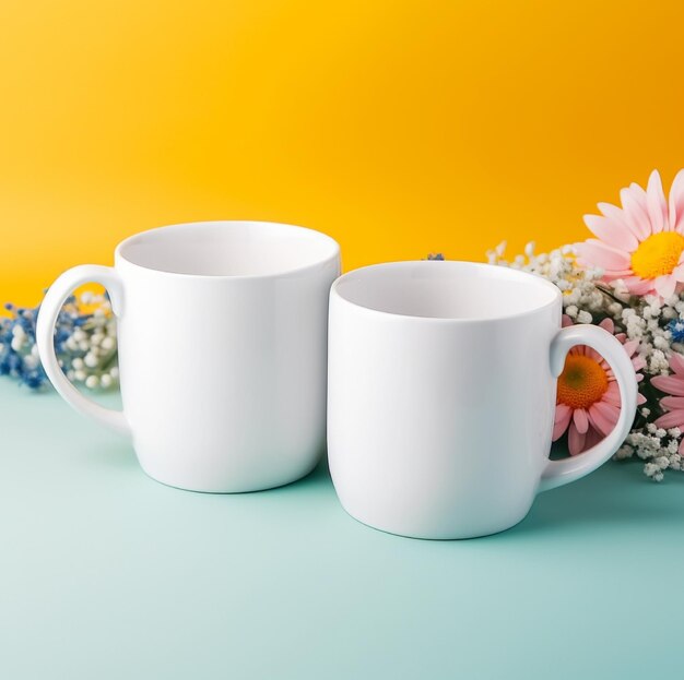 Deux tasses blanches sont à côté d'un bouquet de fleurs.