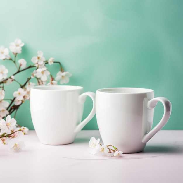 Deux tasses blanches sont sur une table avec une branche de fleurs derrière elles.