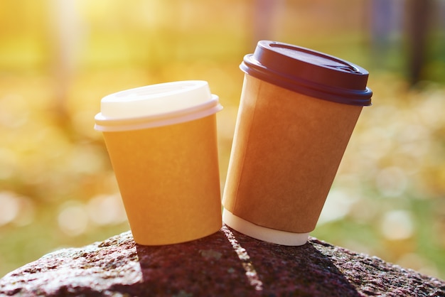 Deux tasses de café en automne parc, gros plan
