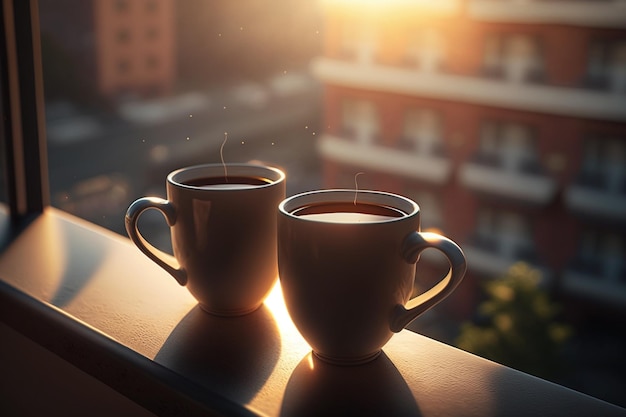 Deux tasses de café sur un balcon avec vue sur la ville en arrière-plan