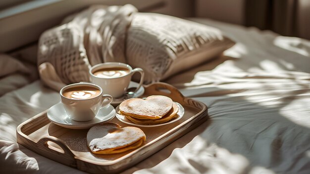 Deux tasses de café avec des crêpes en forme de cœur sur le plateau en bois Concept du jour de la Saint-Valentin