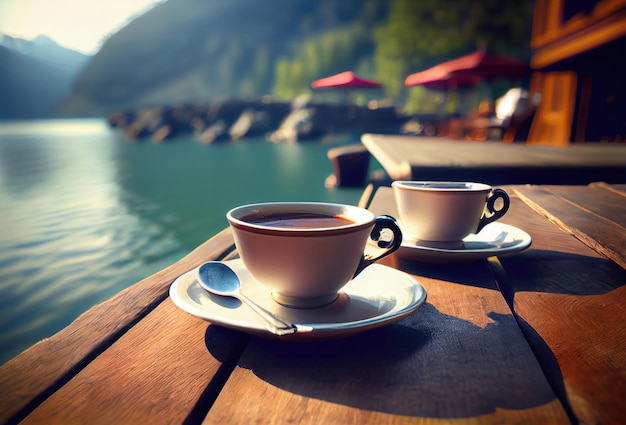 Deux tasses à café et une cuillère sur une table en bois Lac de Côme italien Vue romantique Generative Ai Art Café en plein air