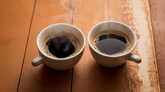 Photo les deux tasses de café sur fond de bois