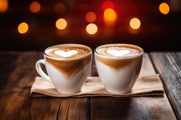 Photo deux tasses à café avec mousse en forme de coeur côte à côte sur une table