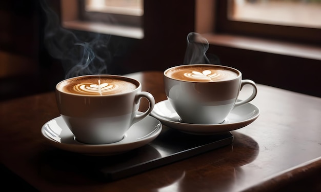 Photo deux tasses de café sur la table.