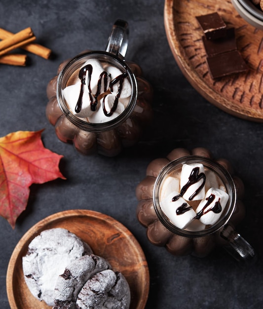 Deux tasses de chocolat chaud aromatique avec des guimauves sur un fond sombre avec des feuilles d'érable d'automne et des biscuits Concept boisson confortable Vue de dessus