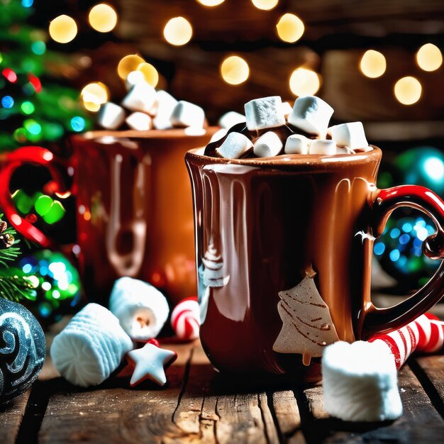 Photo deux tasses de chocolat chaud faites maison avec des marshmallows et de la canne à bonbons sur un fond en bois rustique