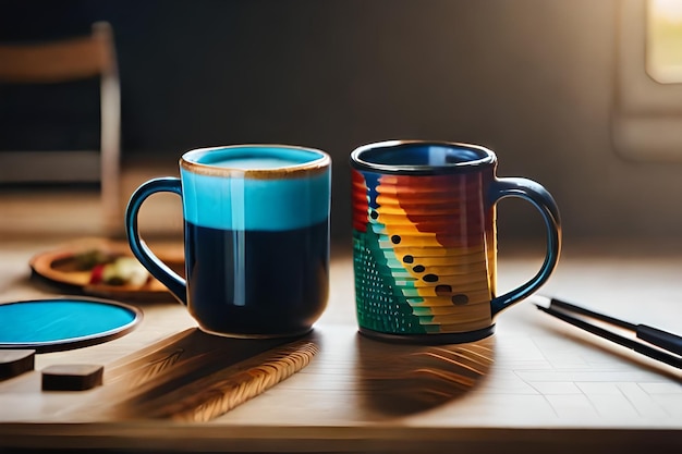 Photo deux tasses colorées avec le mot café dessus.