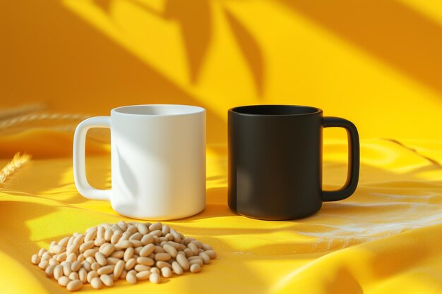 Deux tasses contrastantes sur un fond jaune vibrant avec des haricots éparpillés