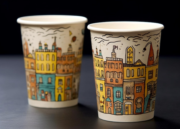 deux tasses avec un dessin de la ville sur elles assis sur une table générative ai